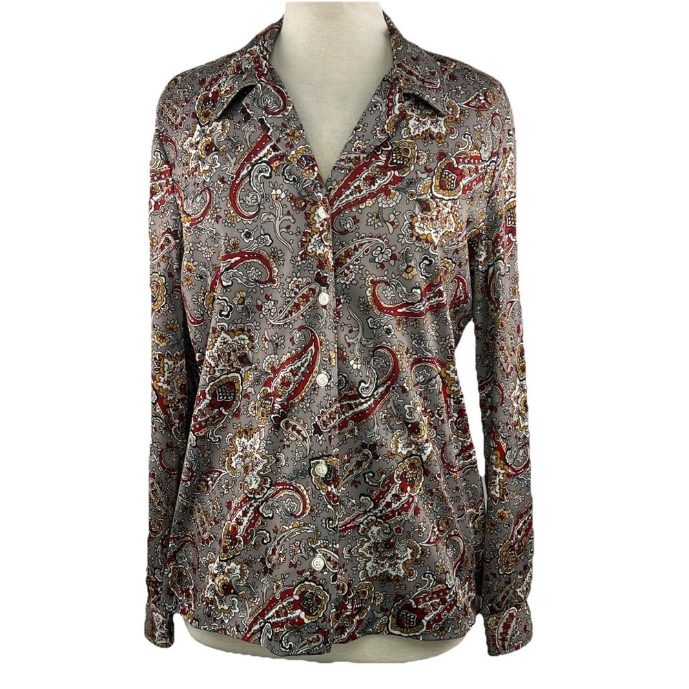 Vtg Jane Colby M/L Shirt Womens Orange Yellow Paisley Button Up 70s Tagged 15/16